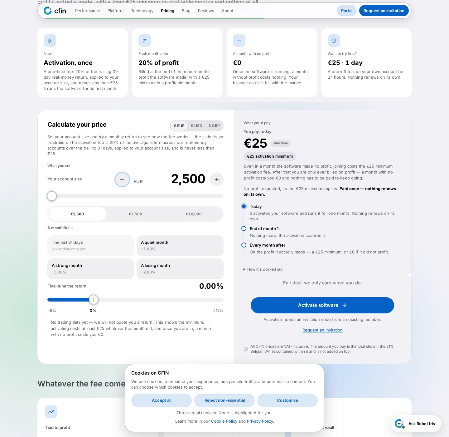 A visible focus ring around a button in the fee calculator