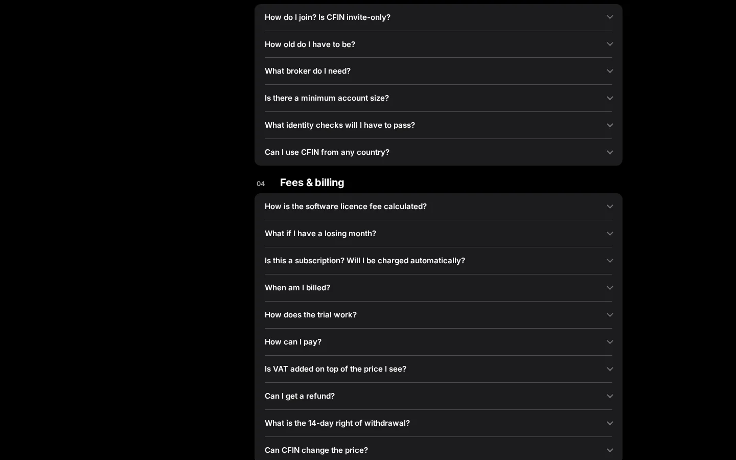 A cluster of FAQ categories and questions