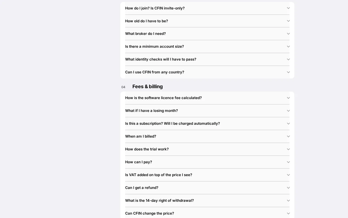 A cluster of FAQ categories and questions