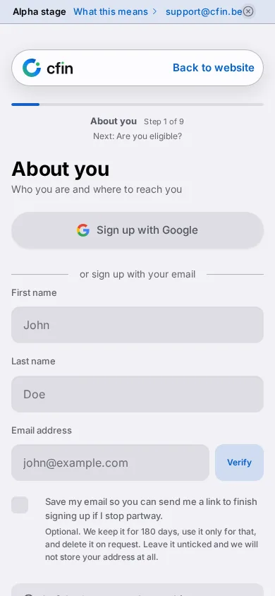 Step 1 of registration on an iPhone-sized screen
