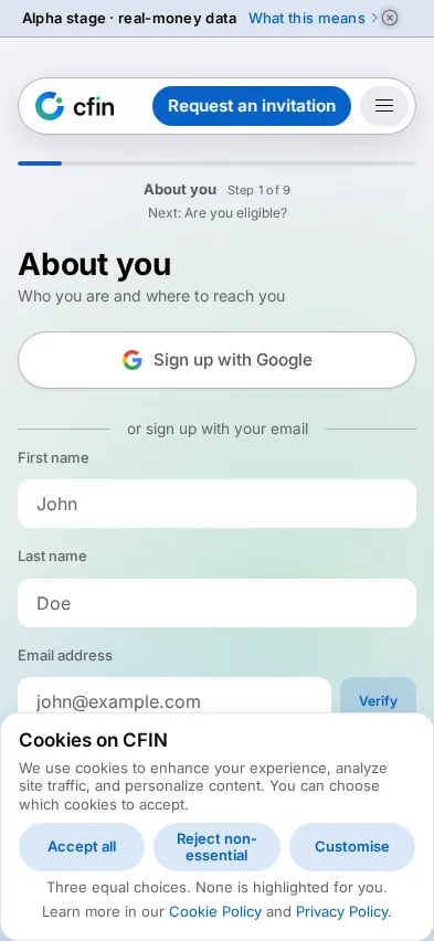 The registration flow's progress rail on a phone-width screen