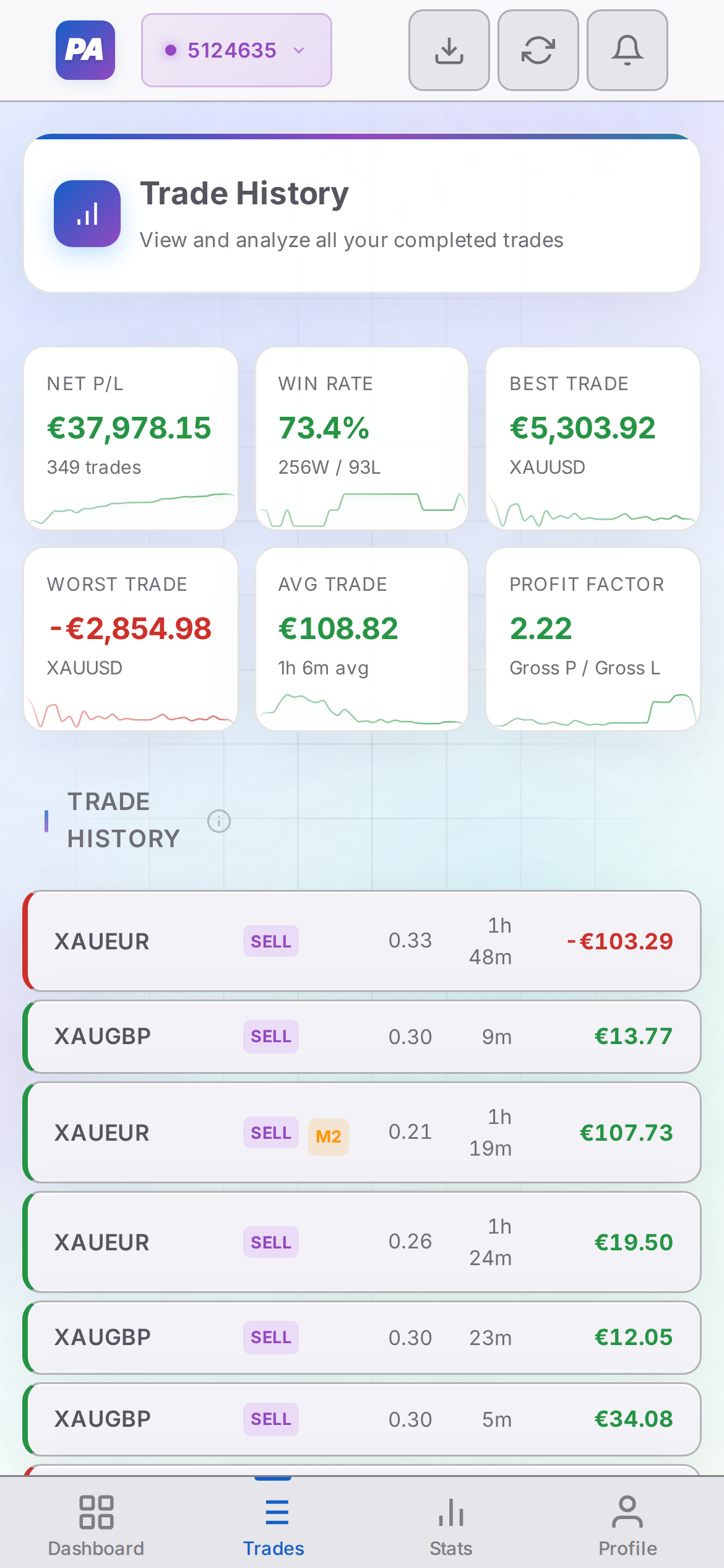 Mobile trades — light mode